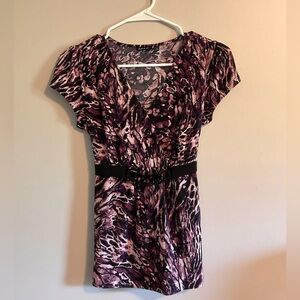 Y2K Apt 9 Leopard Purple Blouse V Neck Chain Belt Cinch Waist